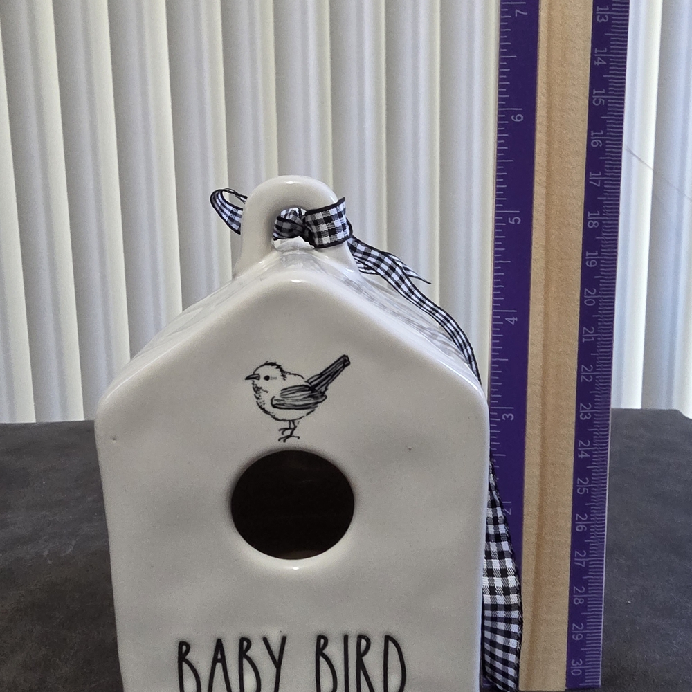 Rae Dunn Ceramic Birdhouse with Black Gingham Ribbon